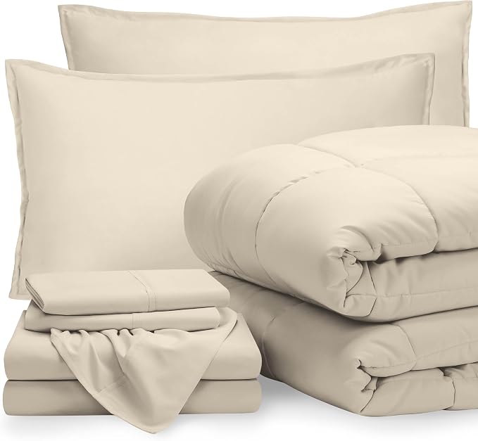 Bare Home Bed-in-A-Bag 7 Piece Comforter & Sheet Set - King - Goose Down Alternative - Ultra-Soft 1800 Premium - Bed Set (King, Sand/Sand)