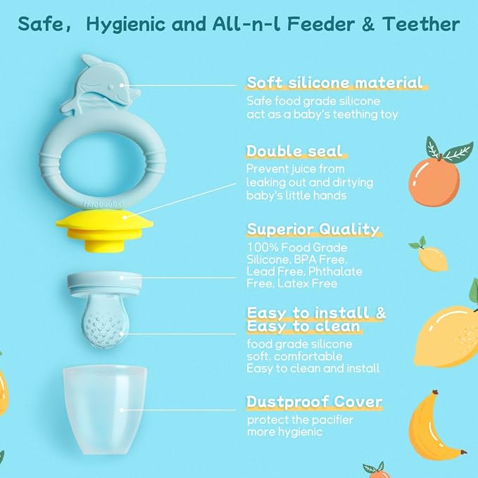 Baby Solids/Frozen Fruit Feeder Pacifier, Infant Teether Toy 4M+, BPA-Free Silicone Pouch & Nipple, Safely Introduce Solids, Teething Relief, 2-Pack