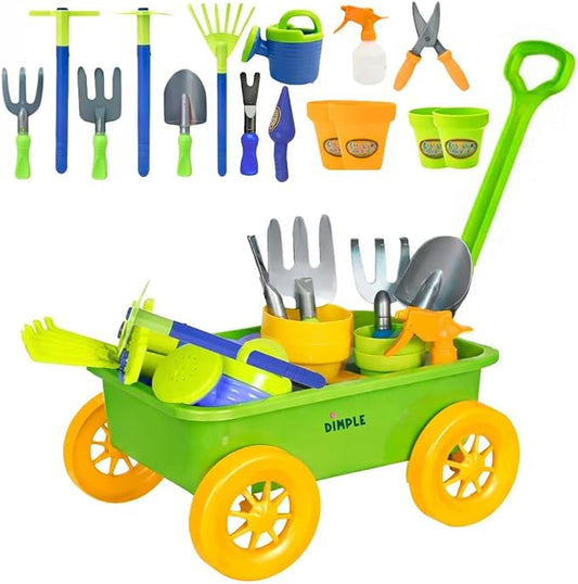 Dimple Garden Wagon & Tools Toy Set, Kids Gardening Set - 15 Pcs Outdoor Toys for Toddlers, Sand Toys - Sturdy & Durable - Top Yd, Beach, Sand, Garden Play Set for Kids & Toddler Gardening Tools