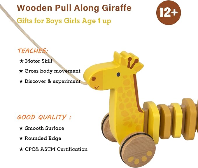 Baby Toys Car,Wooden Pull Along Toddler Toy, Developmental Toy for 1 Year Old Girl Boy Birthday Gift(Giraffe)