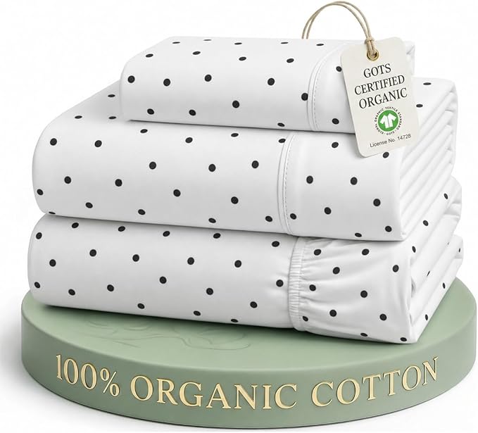 LANE LINEN Twin Sheets 100% Organic Cotton 3pc Percale Cooling - Polka Dot | Organic Cotton Percale Twin Sheet Set - Naturally Cooling & Lightweight, Cool All Summer, Cozy All Winter, Great For Gifting