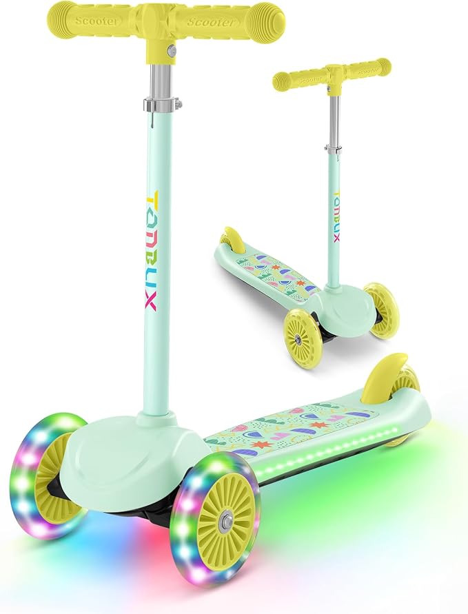 TONBUX Kids Scooter for Ages 3-5, Toddler Scooter with Light-Up Deck and Wheels, Adjustable 4-Level Height 3-Wheel Scooters for Kids, Lean-to-Steer Design