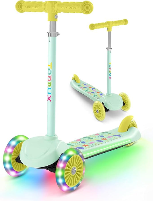 TONBUX Kids Scooter for Ages 3-5, Toddler Scooter with Light-Up Deck and Wheels, Adjustable 4-Level Height 3-Wheel Scooters for Kids, Lean-to-Steer Design