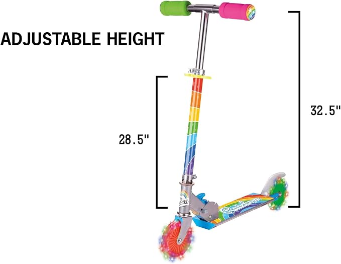 Ozbozz Rainbow Folding Scooter with Light-Up Wheels, Adjustable Height, Rear Brake, for Kids Ages 5 and Up - Portable Design