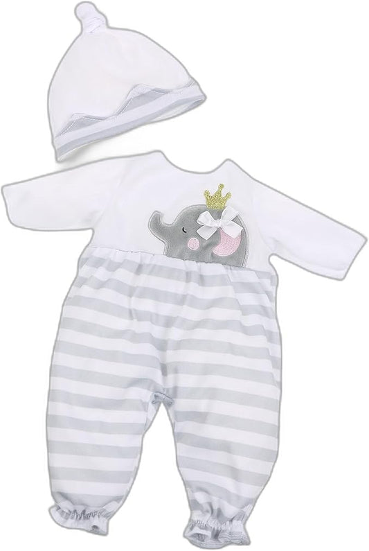 JC Toys | Berenguer Boutique | Baby Doll Outfit | Gray Striped Long Onesie with Headband, and Booties | Ages 2+ | Fits Dolls 14"- 16"