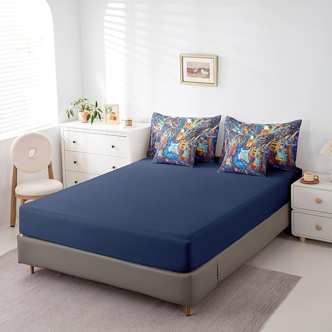 Feelyou Guitar Comforter Set with Sheets Twin Size Rock Music Bed in a Bag for Boys Girls Teens Blue 7 Pieces Bedding Set Soft Lightweight Microfiber