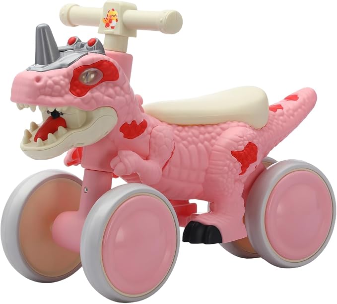 Dinosaur Balance Bike for 1-3 Year Olds, 4-Wheel No-Pedal Bike for Walker, Ride on Toys for Toddlers with Music and Mist Spray, First Birthday Gift for Boys & Girls (Pink)
