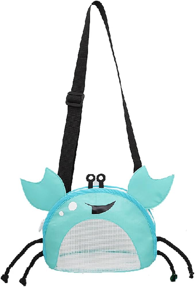 Kids Mesh Beach Bag, Cute Crab-Shaped Seashell Collecting Bag with Adjustable Strap for Holding Shell Beach Toy