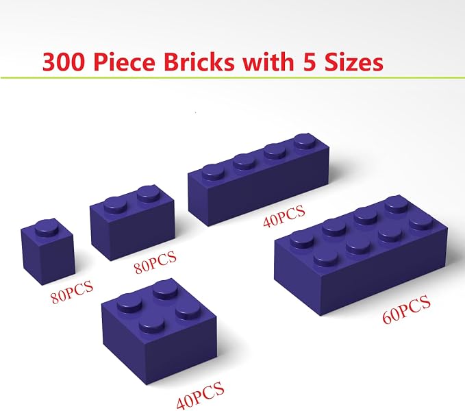 300Pcs Building Brick Bulk, Purple Bulk Bricks with 5 Sizes, Compatible with Lego and Parts and Pieces, Creative Building Block Toys for Boys Girls Ages 6 7 8 9 10 Years Old