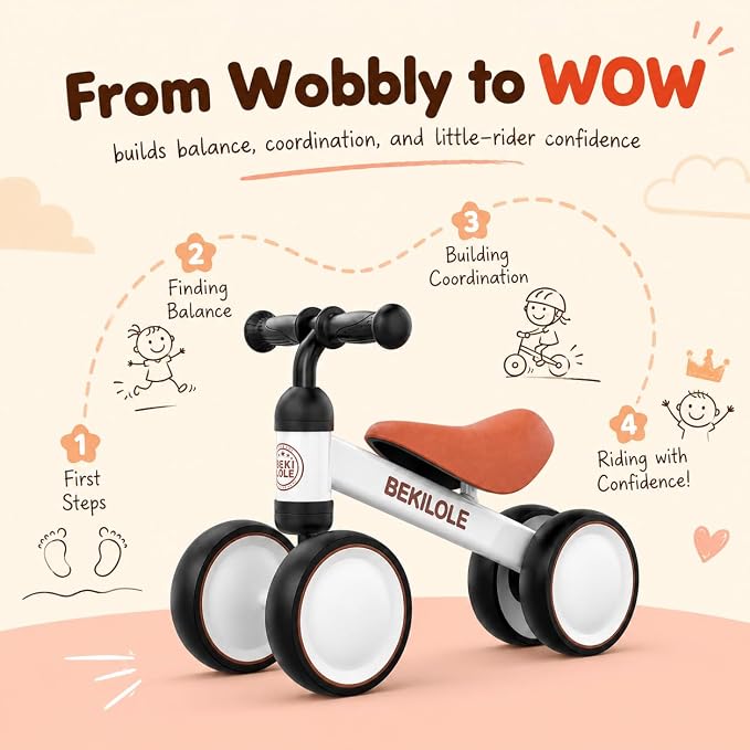 BEKILOLE Baby Balance Bike for 1 Year Old Boys Girls, 12-24 Month Toddler Balance Bike, No-Pedal 4 Silent Wheels, Ride-On Toys for 1 Year Old, 1st Birthday Boy Gifts, White Brown