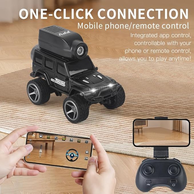 1:64 Mini FPV RC Car, Alloy Crafted Remote Control Truck with HD Camera & Real-Time Video Transmission, Dual Mode Control(App & Remote), Decorative LED Lights, Toy Gift for Adults & Kids
