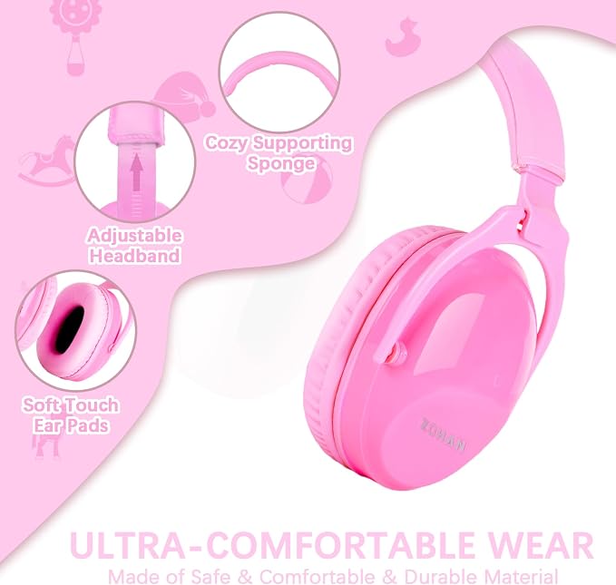 ZOHAN Kids Ear Protection 2 Pack, 25dB NRR Noise Cancelling Headphones for Kids, with Pillowy Pads, for Monster Truck, School, Autism, Sensory, Fireworks, Concerts, Events (Pink+Pink)