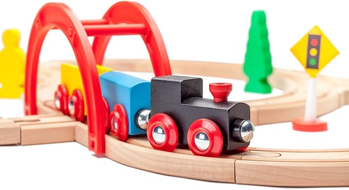 maxim enterprise, inc. 40 Pc Wooden Train Set, Complete Toy Railway with Straight and Curved Tracks, Wood Engine, Cars, Hauler, Signs, and More, Compatible with All Major Brand Accessories, Age 3+