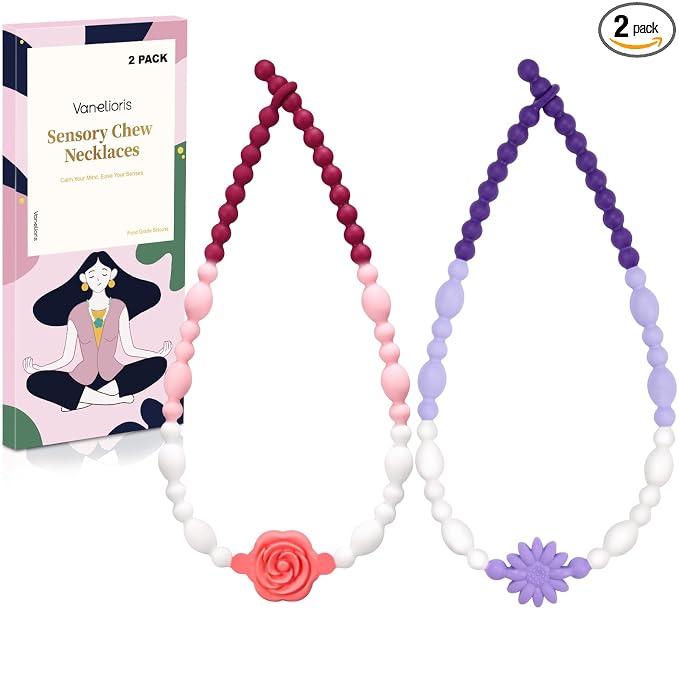 Chew Necklaces for Sensory Kids Adults, Flower Chewy Necklace Sensory Toys for Autism Nail Biting Anxiety, Fidget Necklace Oral Chew Toys, ADHD Tools for Boys Girls