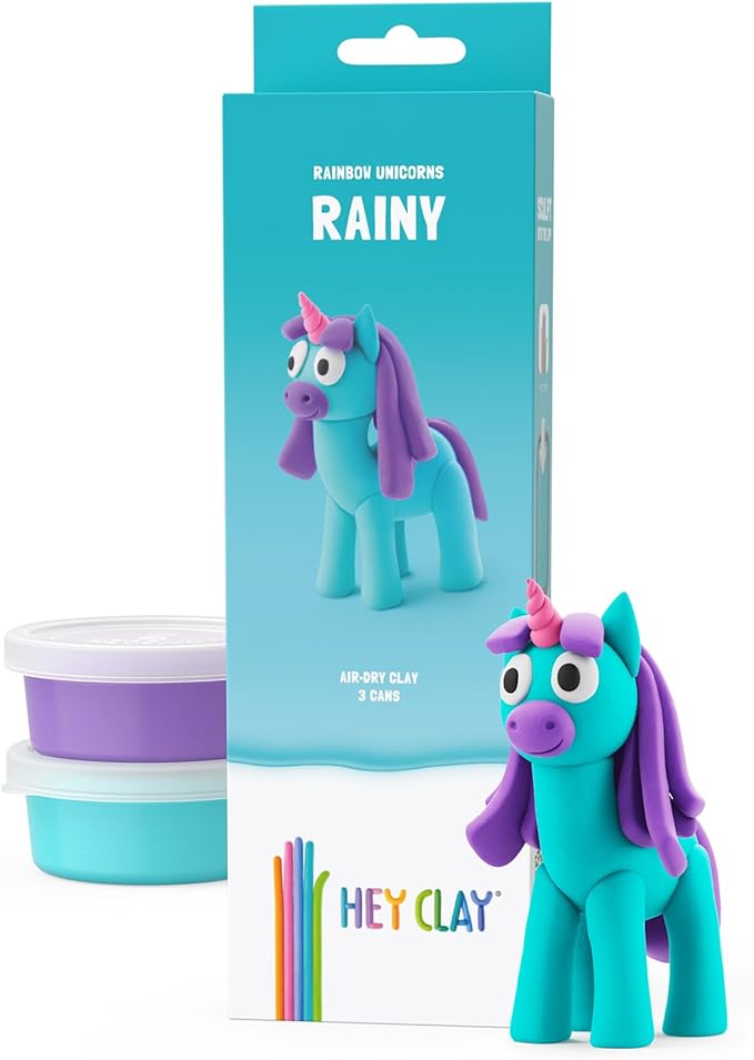 HEY CLAY Modelling Air-Dry Clay with Fun Interactive App - Modeling Clay and Crafts Set for Kids Ages 3 to 8 - Series Rainbow Unicorns, 3 cans (Rainy)