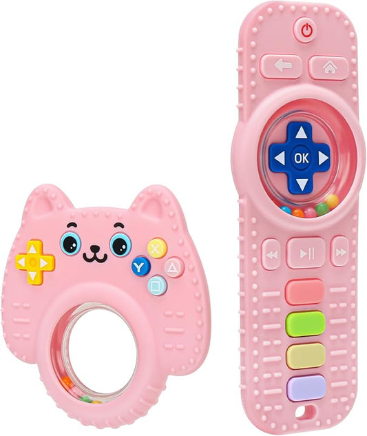 2 Pack Baby Rattles Teething Toy for Babies 3-6 Months, Teething Relief for Infant 6-24 Months, Silicone Teethers TV Remote Boys and Girls Sensory Toy