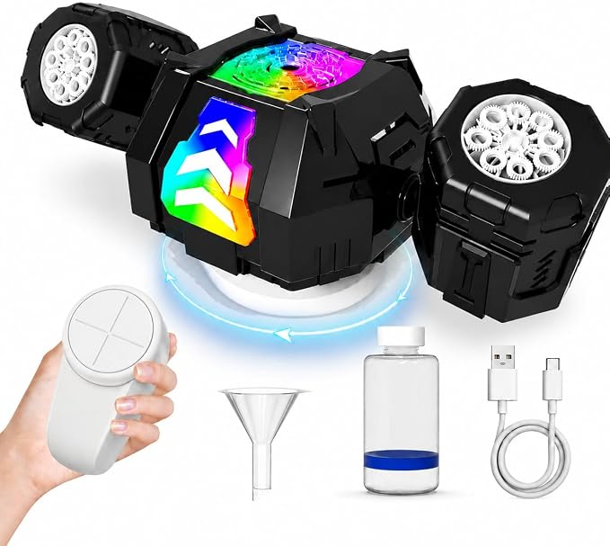 New RC Bubble Machine,RGB Light 360° Auto Rotation Rechargeable Bubble Makers High Capacity Bubble Blower for Kids Wedding Party Indoor Outdoor