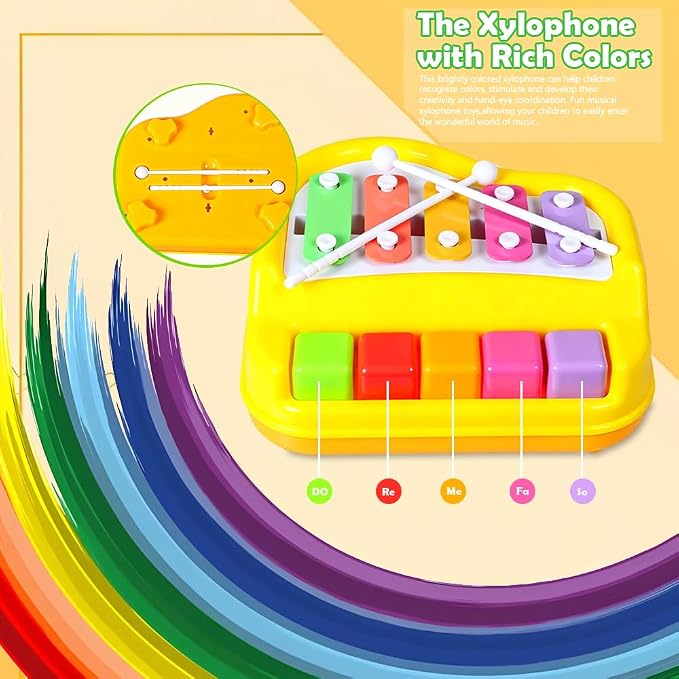 2 in 1 Xylophone for Toddlers, Baby Xylophone Piano Toy with 5 Multicolored Key Scales and Two Mallets for Kids, Educational Musical Learning Instruments Toy for Boys and Girls (Blue)