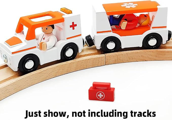 Magnetic Trains Cars Playset Wooden Train Track Accessories Station Wagon Train Set for Toddlers 3-5 Wooden Train Sets for Boys Girls Ages 3-4-7 (Ambulance B (with Light and Sound))