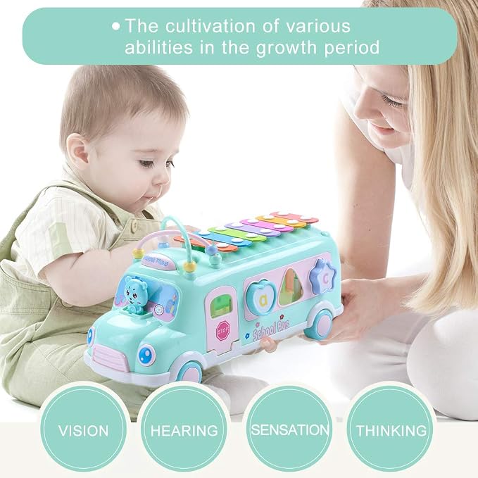 5-in-1 Baby School Bus Xylophone Toys for 1 Year Old Girl Gifts, Educational Toddler Toys , 1st Birthday Gril Gift, Toddlers Montessori Musical Baby Bus with Shape Sorter & Knock Hammer