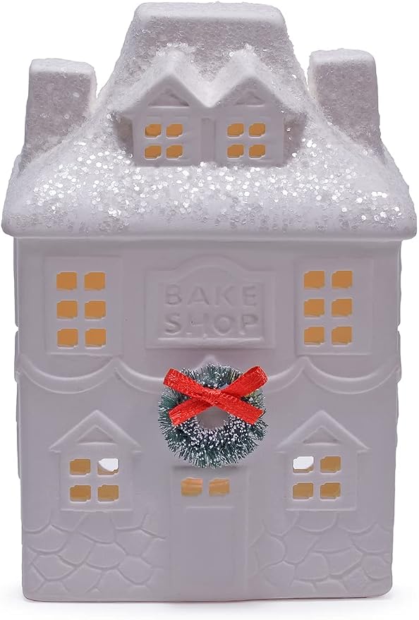 Mark Feldstein & Associates Holiday Wreath Village with Trees, White Unglazed Porcelain LED Christmas Figurines, 18 Piece Set