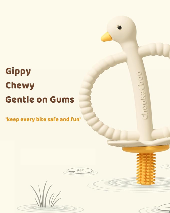 ChooKaChoo Baby Teether Toy and Training Toothbrush, Duck Silicone Teething Toys for Babies 3-12 Months, Double Ring Easy-Grip Design, Food-Grade BPA Free, Multi-Texture Relief for Gums & Molars