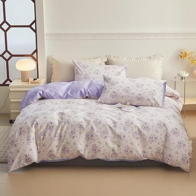 Purple Floral Comforter Set King Soft Fluffy Microfiber Garden Floral Bedding Comforter Set Chic Shabby Flowers Printed Comforter with 2 Pillowcases Vintage Botanical Comforter Set All Season King