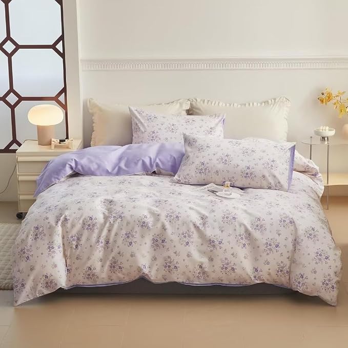 LifeTB Purple Floral Comforter Set Twin XL Fluffy Soft Microfiber Girls Garden Floral Bedding Comforter Botanical Flowers Comforter with 2 Pillowcases Vintage Aesthetic Bedding Twin XL Comforter Set