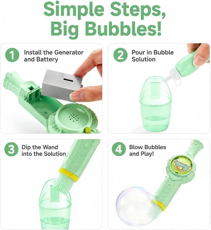 Fog Bubble Machine, Electric Smoke Bubble Maker with Music & Colorful Lights, Magic Interactive Bubble Fog Game for Kids Parties Gift, Includes 3 Refills, Green