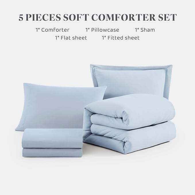 WRENSONGE Twin Comforter Set- 5 Pieces Ice Blue Twin Bed in a Bag, All Season Twin XL Bedding Sets with 1 Fitted Sheet, 1 Flat Sheet, 1 Pillow Sham and 1 Pillowcase