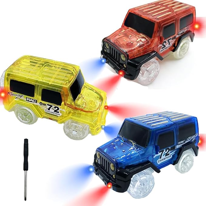 Tracks Cars Replacement with LED Light Glow Car Toys, Glow in The Dark, Race Cars Track Compatible with Car Tracks Toys for Kids for Boy Girl Age 3-12 Years Old(3PCS)