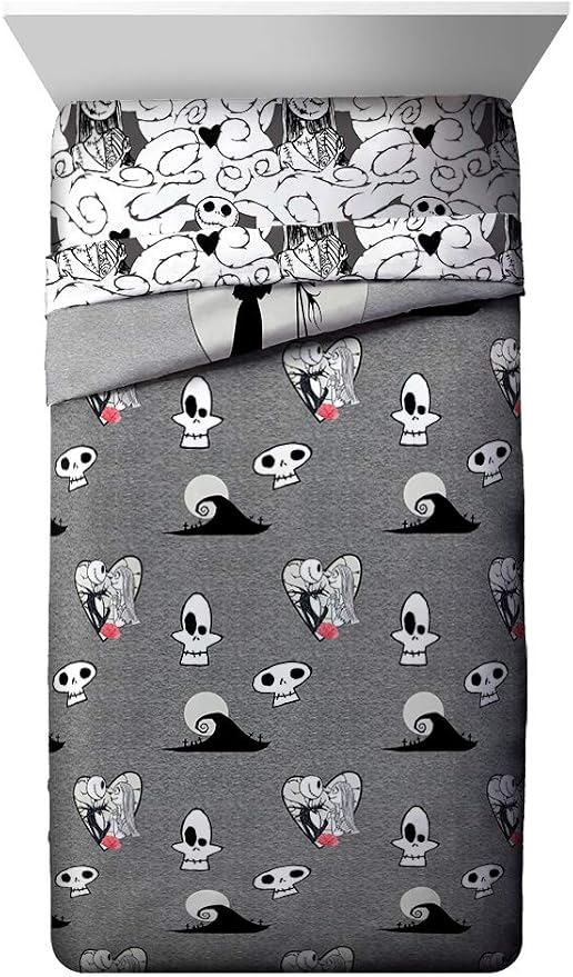 Jay franco Disney Nightmare Before Christmas Moonlight 7 Pc Jay franco Queen Bed Set-Includes Reversible Comforter&Sheet Set-Features Jack&Sally-Super Soft Fade Microfiber-(Official Disney Product)