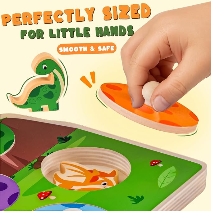 3 otters Dinosaur Peg Puzzles, Wooden Learning Toys Shape Sorter Color Match Games, Educational Memory Activities for Toddler Montessori Development Entertainment Prek Kindergarten Boys Girls Gifts