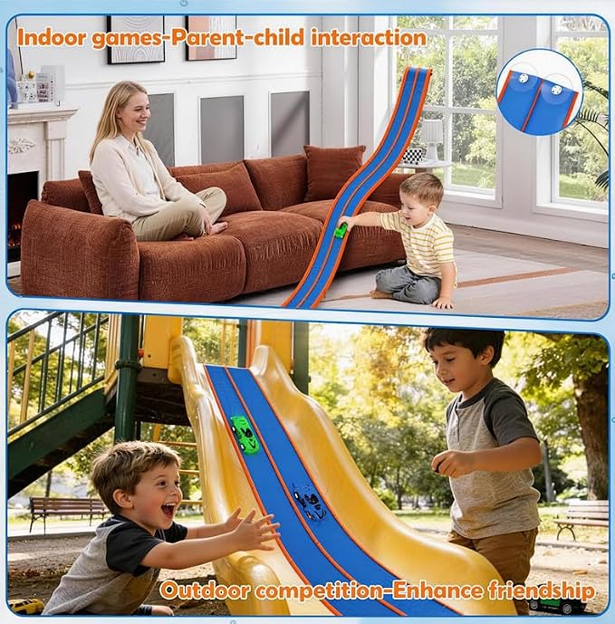 Flexible Tracks 15 Ft Flex Race Car Track for Kids Toy-DIY Car Track Set with 1/64th Rebound Cars Portable Rolls Up Race Tracks with Strong Suction Cups-Great Gifts Toys for Boys Girls Ages 3+