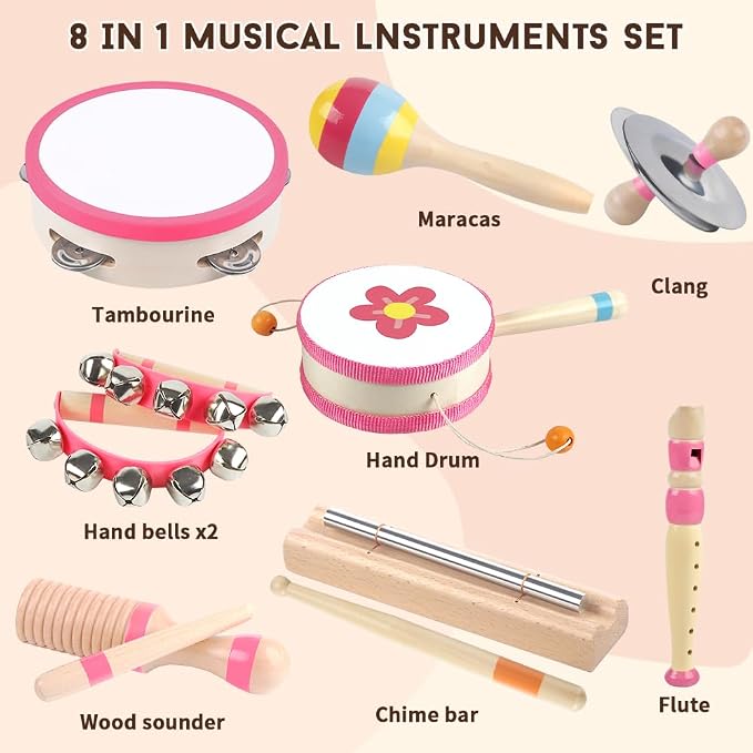 Toddlers Musical Instruments for 18 Month+ Girl,Baby Montessori Wooden Musical Toys for Toddlers,Kids Musical Toy for Preschool,Christmas Birthday Gift for Baby Girls Pink 8 in 1