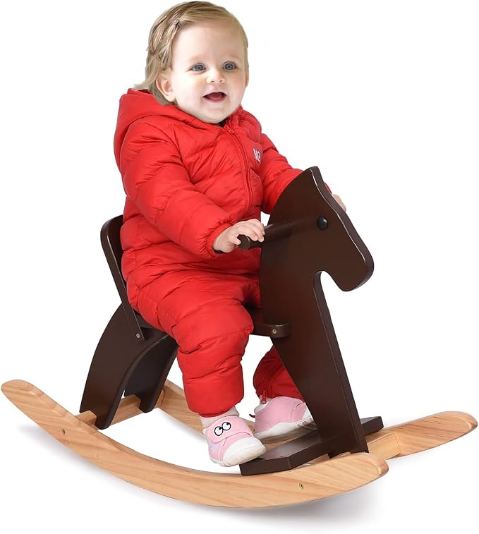 Wooden Rocking Horse Baby Ride On Toy for Toddlers Solid Wood Classic Design with Comfortable Pedal and Safe Backrest Ideal Gift for Kids (Classic, White)