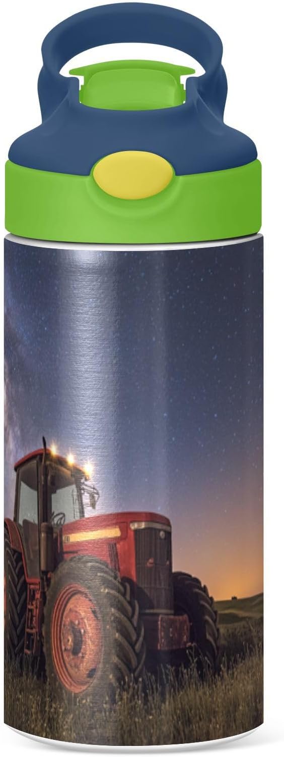 Boccsty Red Tractor Milkyway Galaxy Kids Water Bottle with Straw Lid Insulated Stainless Steel Reusable Tumbler for Boys Girls Toddlers 12 oz Green