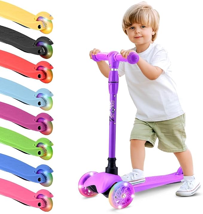 Hurtle Mini Kickboard 3 Wheel Scooter for Kids Ages 2-5 - Lean-to-Steer Toddler Scooter with Light-up LED Wheels, Adjustable Height & Rear Foot Brake for Boys. & Girls, Anti-Slip, Indoor/Outdoor