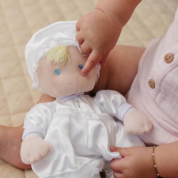Genius Baby Toys Baptism Gift Baby Doll, Christening Doll in White Satin Dress, 12", Soft Plush, Gift-Ready Packaging, Catholic Baby Toy, Nontoxic, Baby Girls & Boys