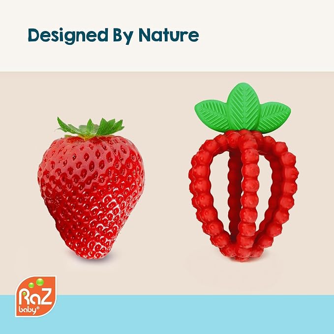 RaZbaby Silicone Infant & Baby Teething Toy, Textured BerryBumps Soothe Babies Sore Gums, RaZberry Bites Relief Teether, Back & Front Teeth, BPA Free, Fruit Shape for Babies 3M+ (Red & Pink)