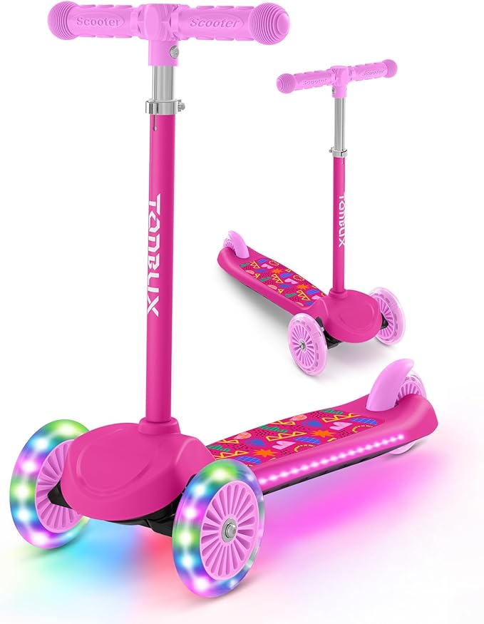 TONBUX Kids Scooter for Ages 3-5, Toddler Scooter with Light-Up Deck and Wheels, Adjustable 4-Level Height 3-Wheel Scooters for Kids, Lean-to-Steer Design