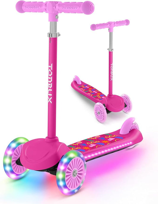 TONBUX Kids Scooter for Ages 3-5, Toddler Scooter with Light-Up Deck and Wheels, Adjustable 4-Level Height 3-Wheel Scooters for Kids, Lean-to-Steer Design