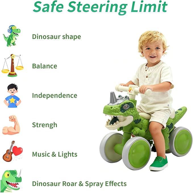 Dinosaur Balance Bike for 1-3 Year Olds, 4-Wheel No-Pedal Bike for Walker, Ride on Toys for Toddlers with Music and Mist Spray, First Birthday Gift for Boys & Girls (Green)
