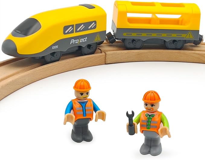 Battery Operated Police Train for Wooden Train Tracks with Figures Kids Magnetic Wooden Trains Set for Toddlers Boys 3-5 4-8 (Without Battery and Tracks) (Yellow)