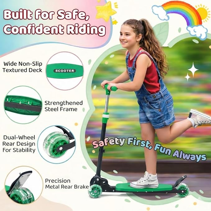 Kick Scooters for Kids 5-7 8-12,Lean to Steer,Three Wheeled Light Up,28"-32" Adjustable Handlebar,Widen Anti-Slip Deck,Floor Push Scooter for Boys Girls Ages 6-12 3-4 Old,Foldable for Travel