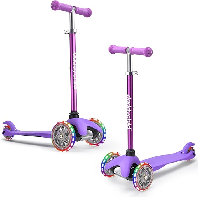 3-Wheel Kick Scooter for Kids Ages 3-8 Lean-to-Steer Toddler Scooter with Extra Wide Light Up Wheels, 4 Adjustable Heights, Foldable Scooters for Boys & Girls, Max Weight 110lbs