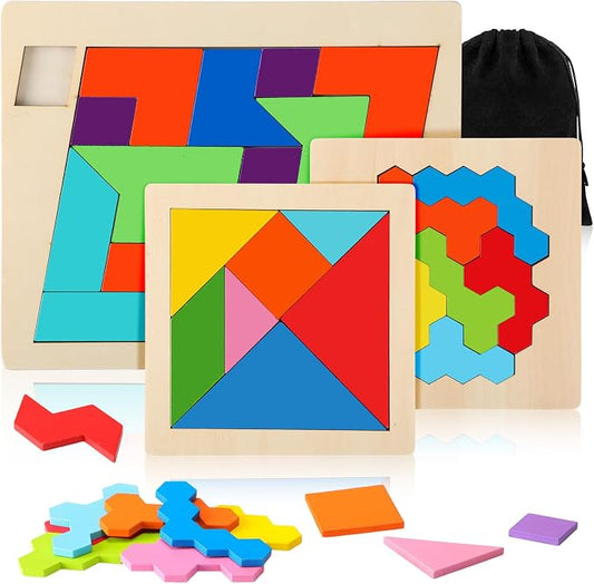 Yunsailing 3 Pack Large Wooden Blocks Puzzles Hexagon Tangram Puzzle Wooden Russian Brain Puzzles for Adult Challenge Teasers Geometric Jigsaw Logic Iq STEM Educational Gift Graduation(Geometry)