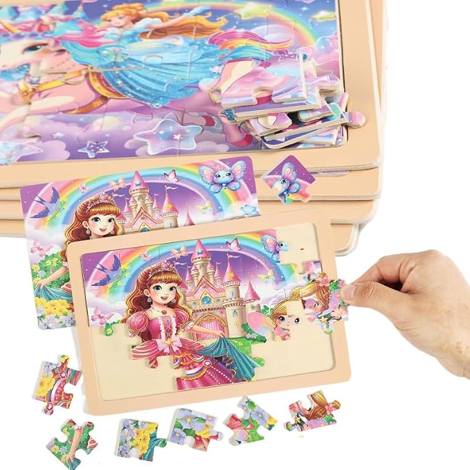 Wooden Puzzles Toys for Kids Ages 3-5, Set of 4 Packs with 24-Piece Unicorn Mermaid Princess Wood Jigsaw Puzzles, Preschool Educational Brain Teaser Toys for Girls 3 4 5 6 Years Old.