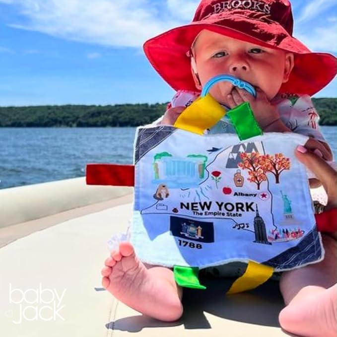 Baby Jack & Co 8x8” Learning Lovey New York State Tag Stroller Toy for Babies - Crinkle Toys for Developing Five Senses - Learn About Capitals - Travel with Baby Jack - BPA Free Clip