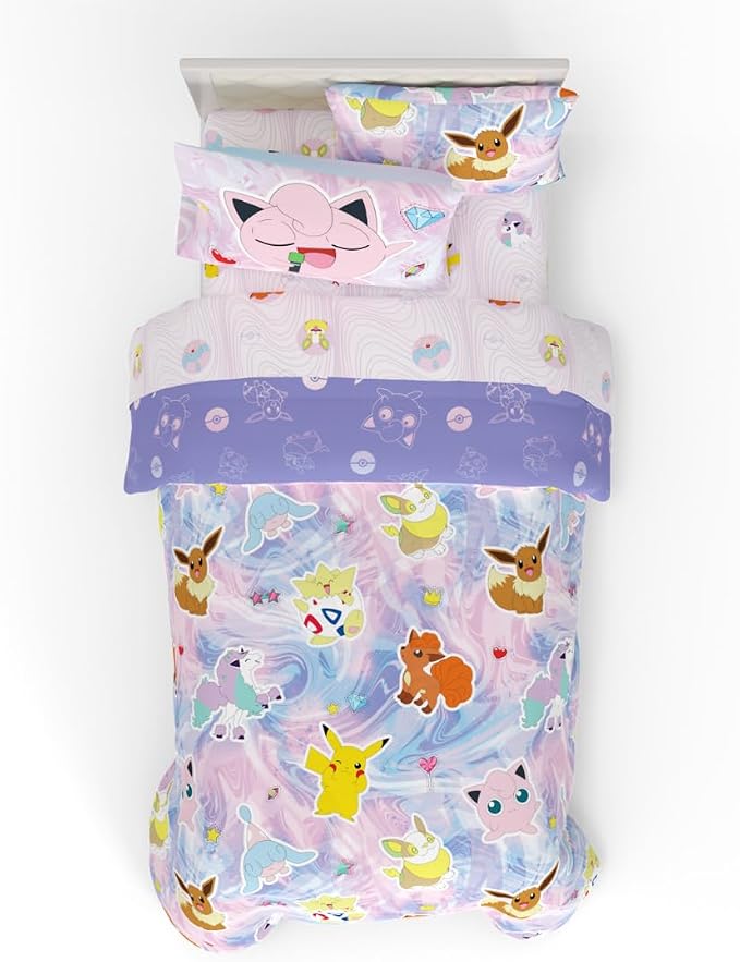 Pokémon Girl Kids Bedding Twin Size – 5 Piece Comforter & Sheet Set with Sham – Super Soft – Eevee, Pikachu & Jigglypuff – (Officially Licensed Product) By Franco
